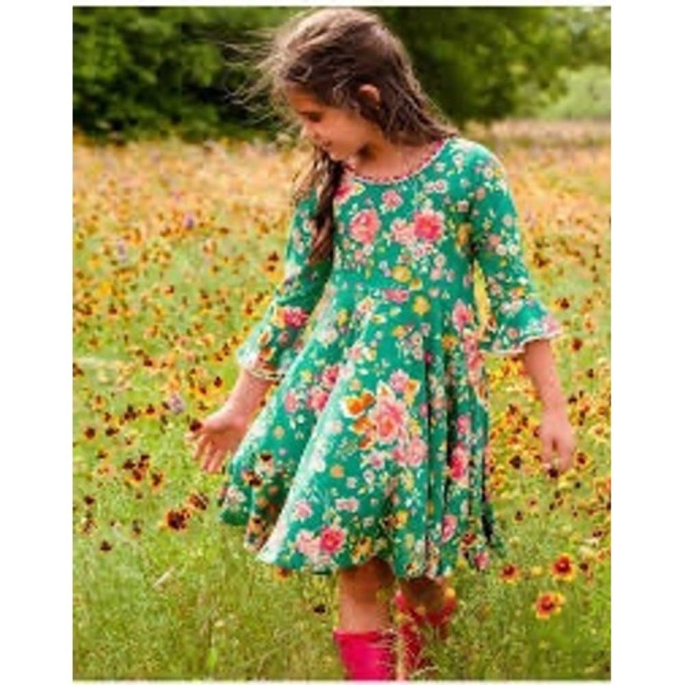 Wildflowers Clothing Girls Teal Floral Long Sleeve Lace Trim Dress Size 6